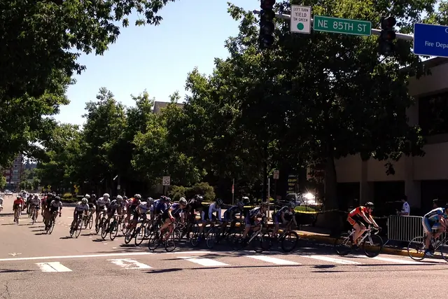A long line of cyclists in team jerseys races around a street corner under leafy trees on a sunny day.